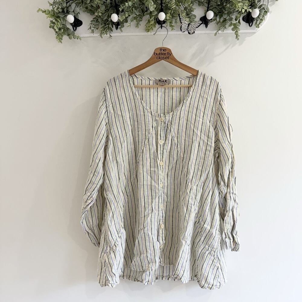 Flax 100% Linen Striped Tunic Shirt Large lagenlook 3-5859